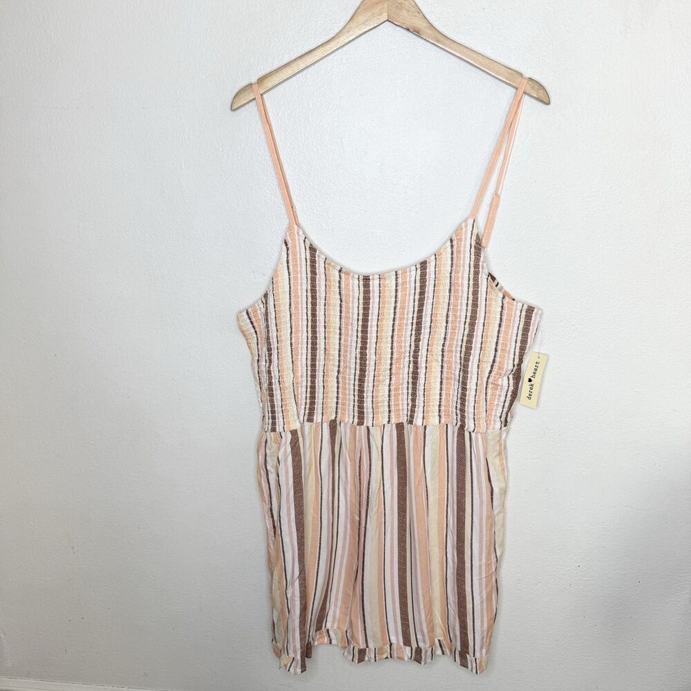 New Derek Heart Striped Sleeveless‎ Romper Orange Brown Smocked Women’s 3X